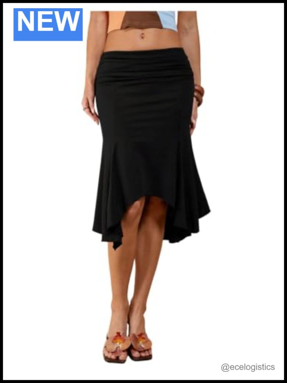Ruffle Hem Asymmetrical Midi Skirt Y2K Summer Date Night Stretchy Polyester